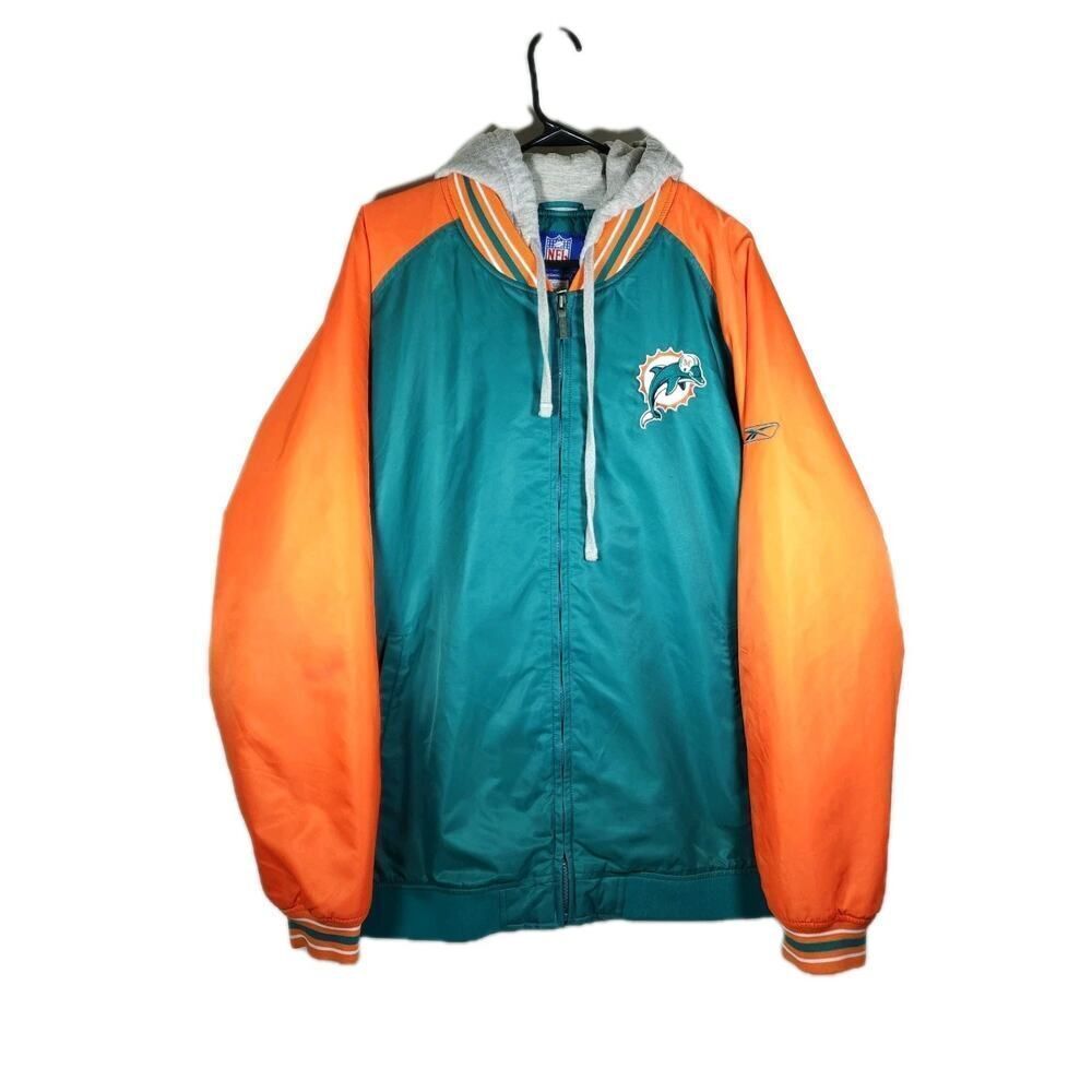 Miami DolphinsโNFL Men's Vtg XL Orange Green Full Zip Hooded Starter Jacket